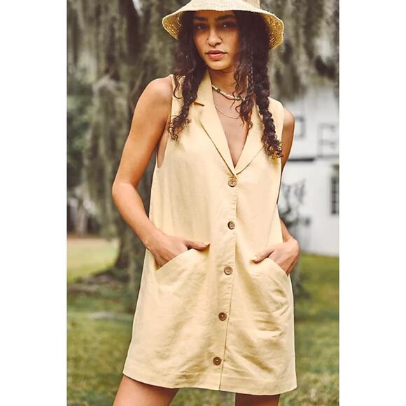Free People 100% Linen White Nue Mini Vest Dress Sz Large L - Picture 1 of 11